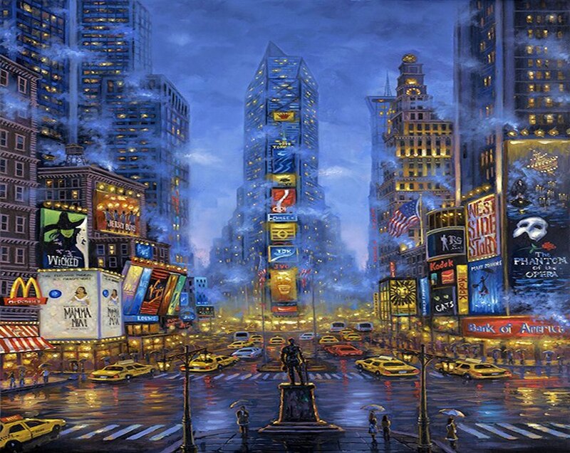 Times Square at Night — Blue, Dramatic, Painting, Billboards