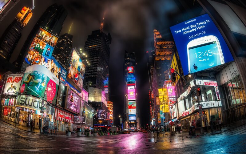 Times Square at Night — Blue, Dramatic, Photograph, Billboards, Buildings, Streetlights