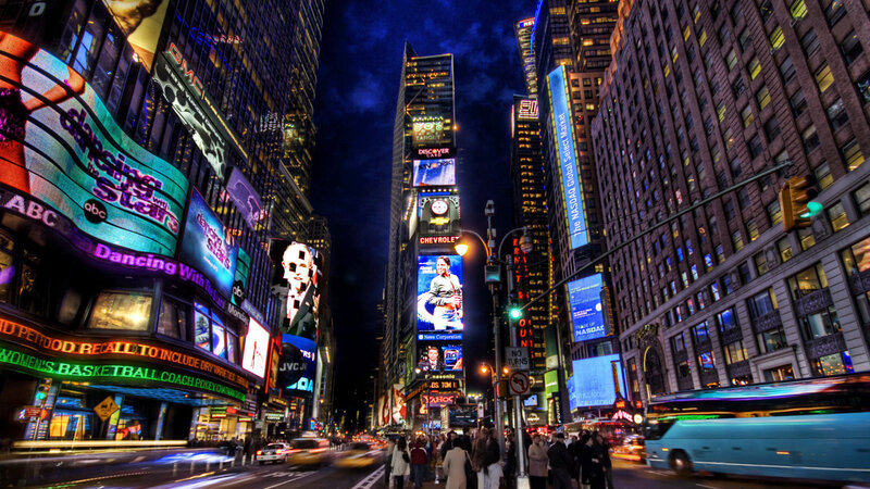 Times Square at Night — Blue, Dramatic, Photograph, Billboards, Buildings, Traffic