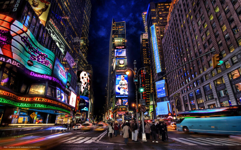 Times Square at Night — Blue, Dramatic, Photograph, Billboards, Buses