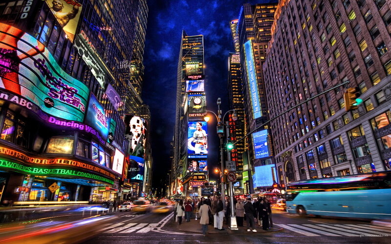 Times Square at Night — Blue, Dramatic, Photograph, Billboards, Pedestrians, Buses, Skyscrapers