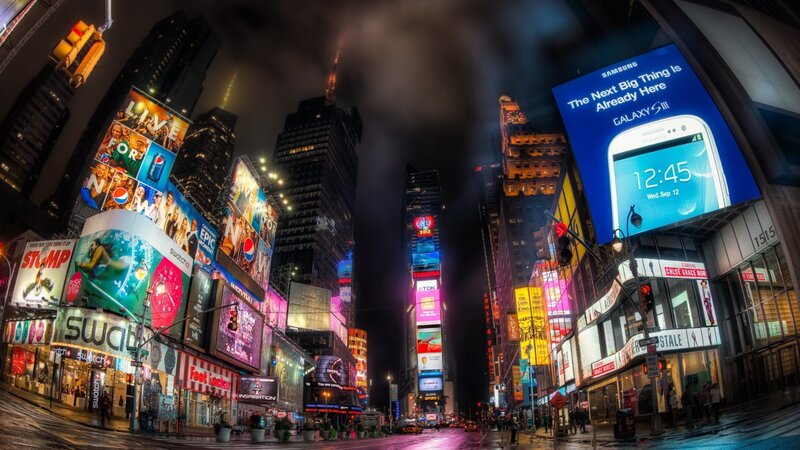Times Square at Night — Blue, Dramatic, Photograph, Billboards, Skyscrapers, Traffic Lights