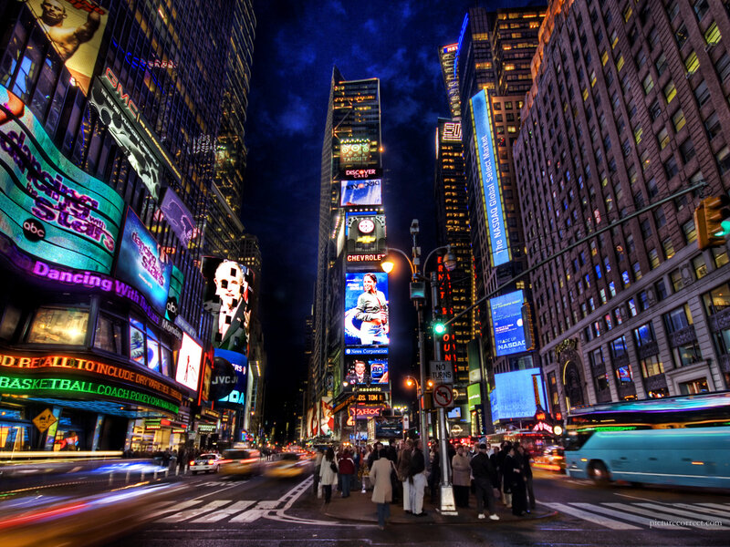 Times Square at Night — Blue, Dramatic, Photograph, Billboards, Traffic, Pedestrians