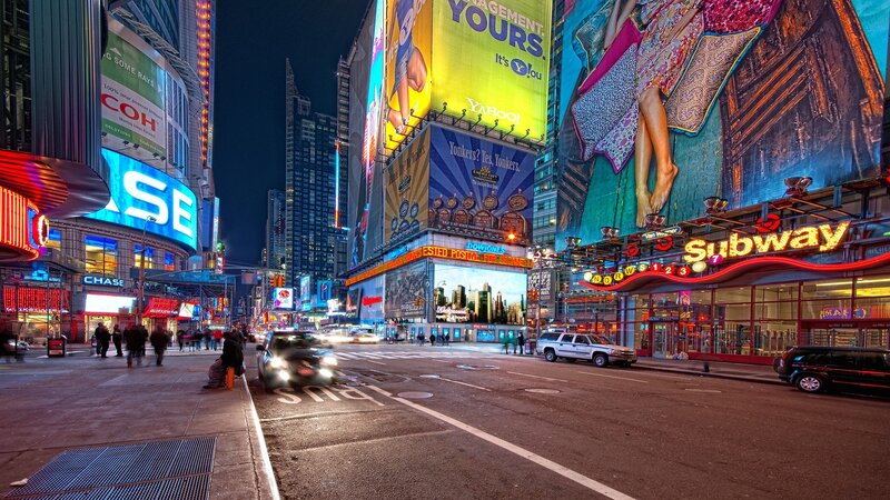 Times Square at Night — Blue, Vibrant, Photograph, Billboards, Subway Station, Cars