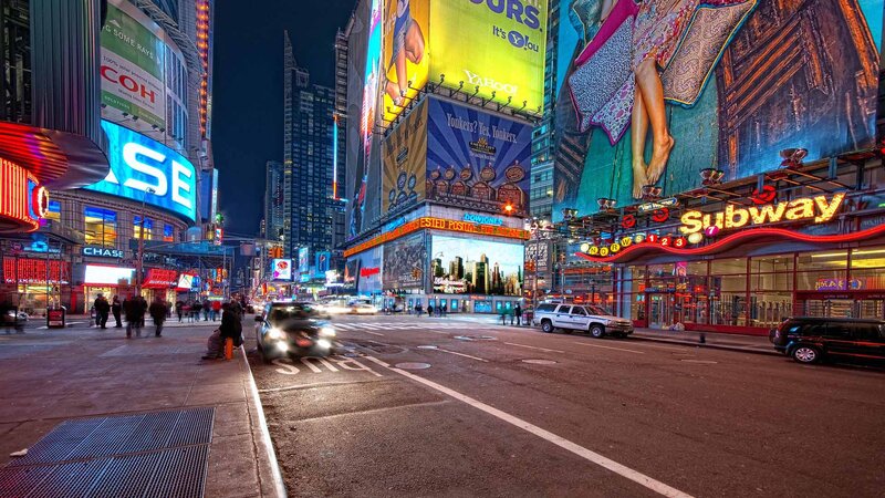 Times Square at Night — Blue, Vibrant, Photograph, Billboards, Subway Station