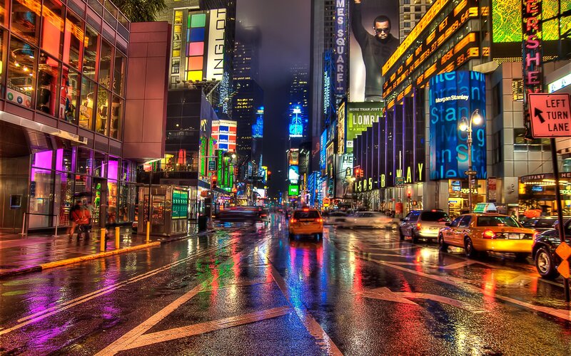 Times Square at night in the rain