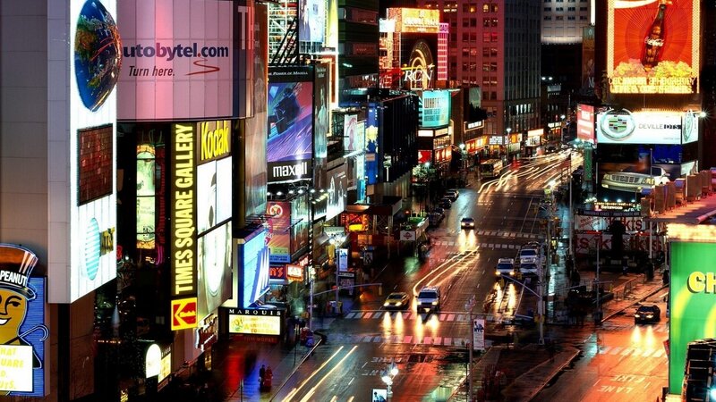 Times Square at Night — Red, Dramatic, Photograph, Billboards, Cars, Streetlights