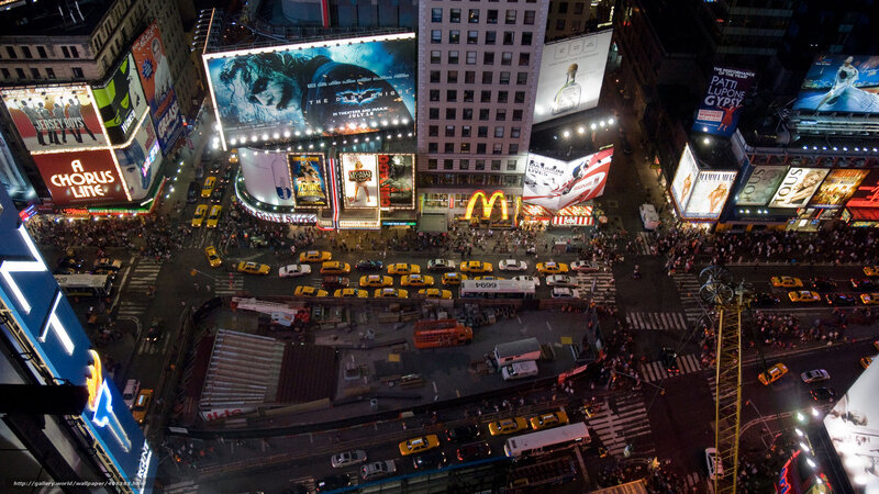 Times Square at Night — Yellow, Busy, Photograph, Billboards, Cabs, Crowds