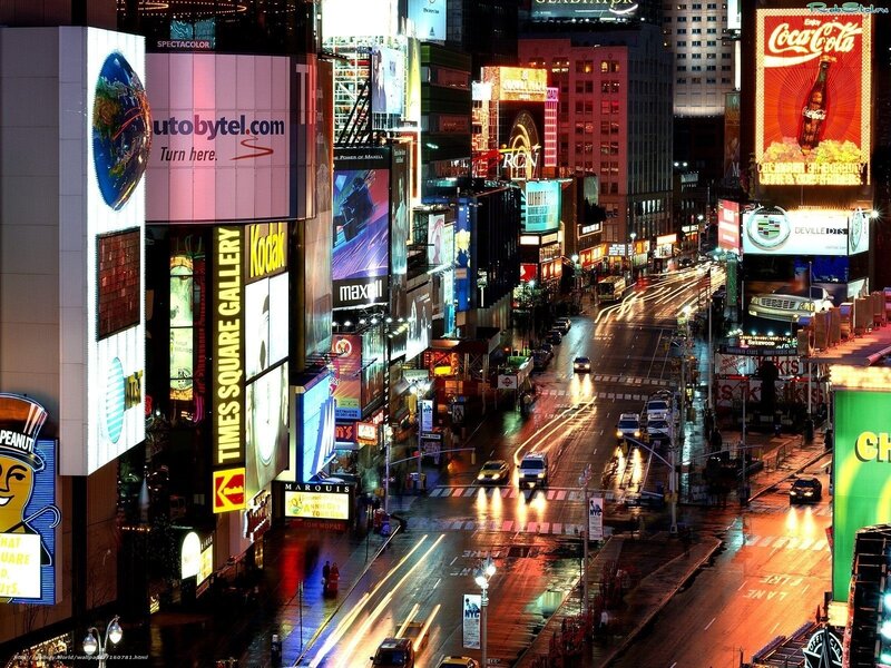 Times Square at Night — Yellow, Dramatic, Photograph, Billboards