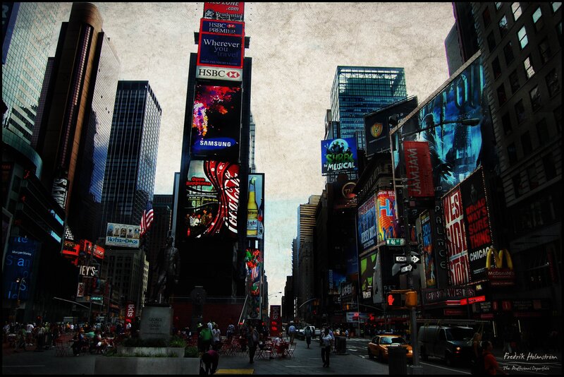 Times Square billboards and crowds