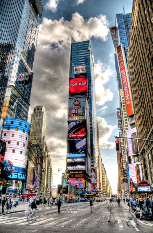 Times Square billboards and crowds