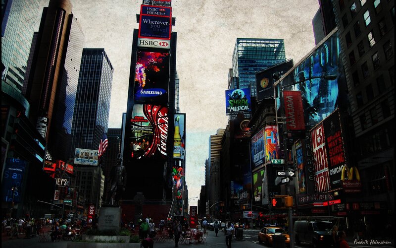 Times Square billboards and crowds