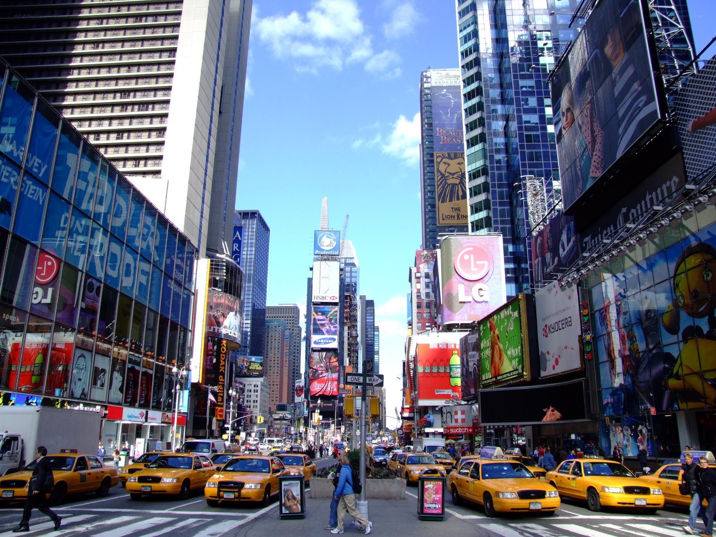 Times Square bustling with taxis