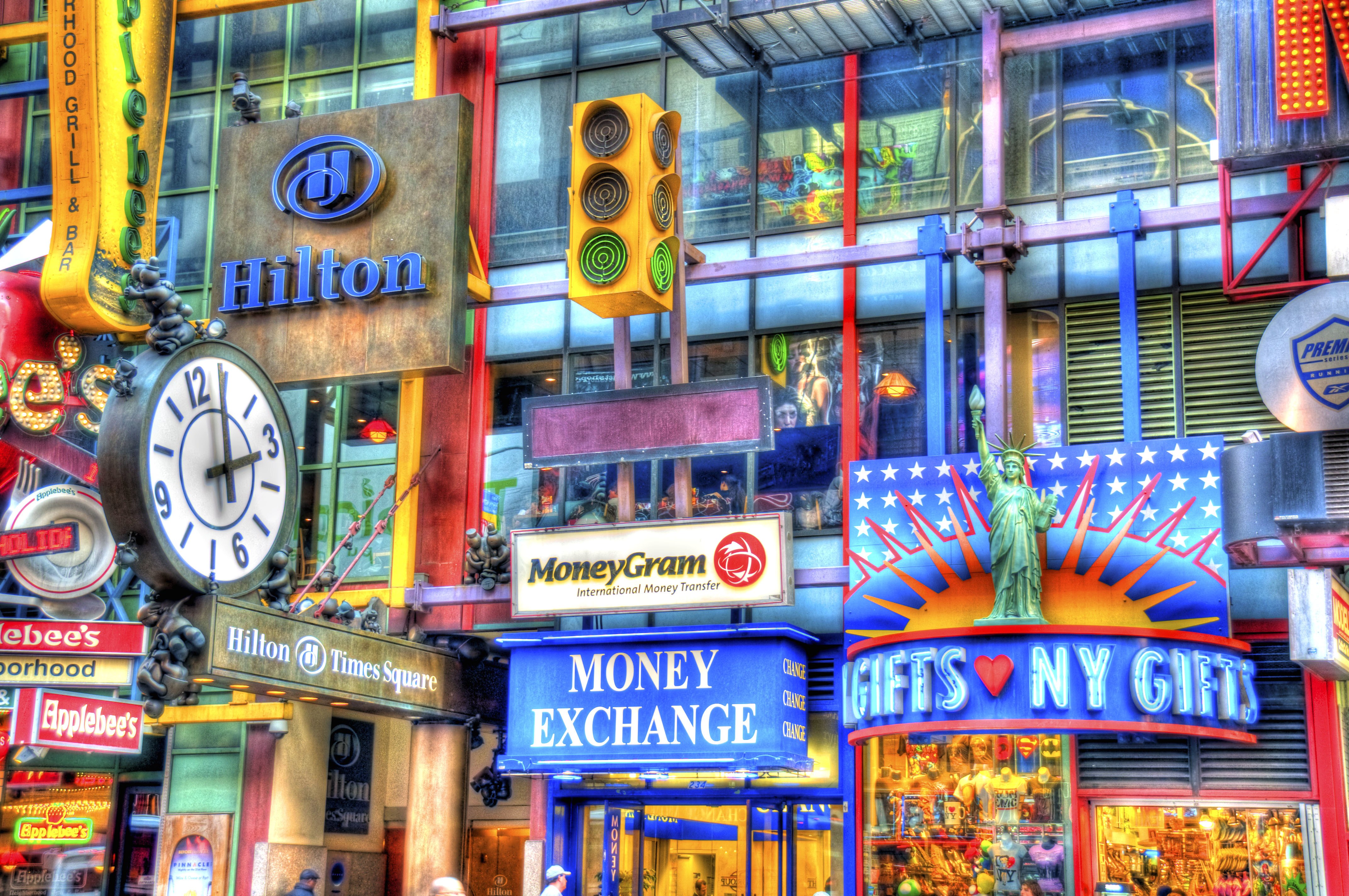 Times Square storefronts and signs