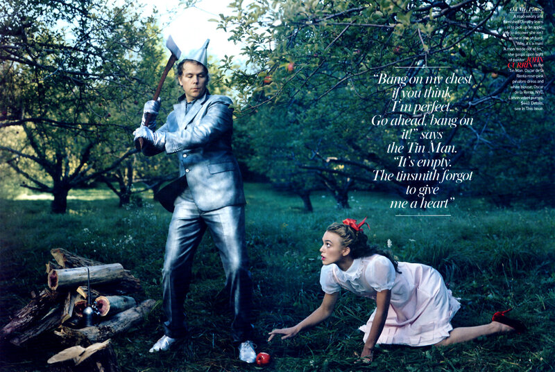 Tin Man and Dorothy in orchard