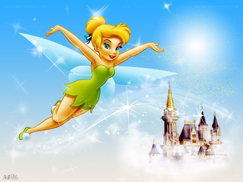 Tinker Bell flying near a castle