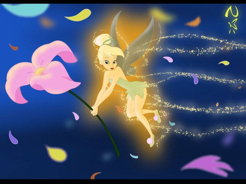 Tinker Bell flying with a flower
