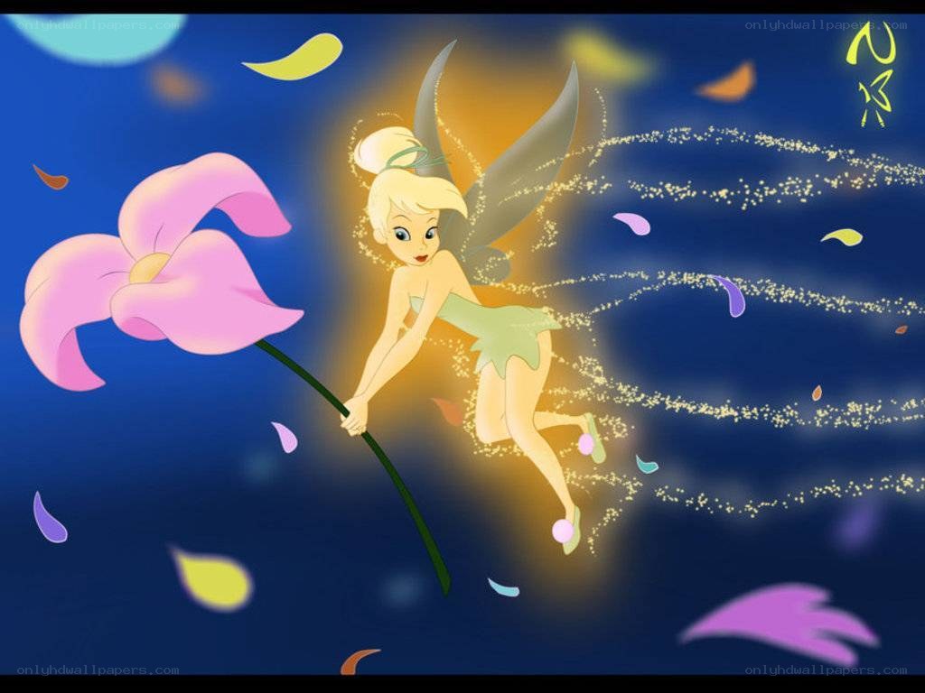 Tinker Bell flying with a flower