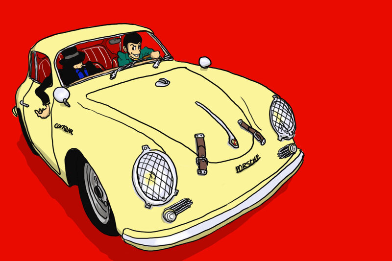Tintin and Captain Haddock in a yellow car