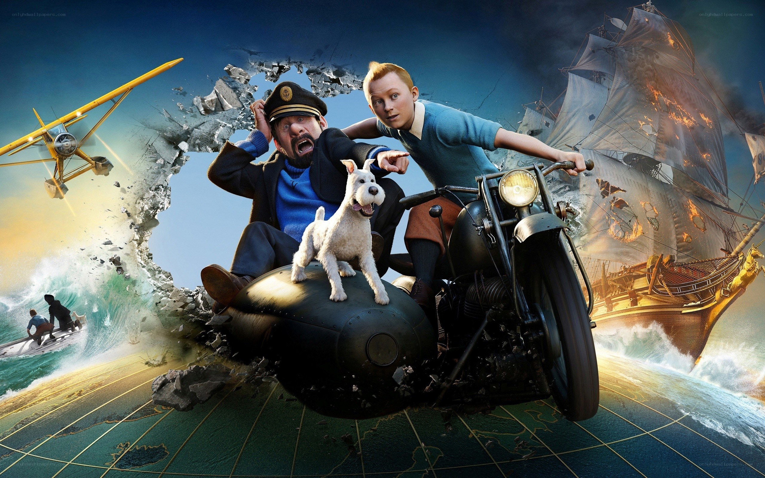 Tintin and Captain Haddock on a motorcycle