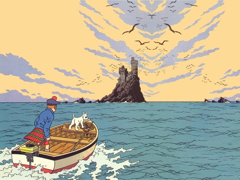 Tintin and Snowy on a boat