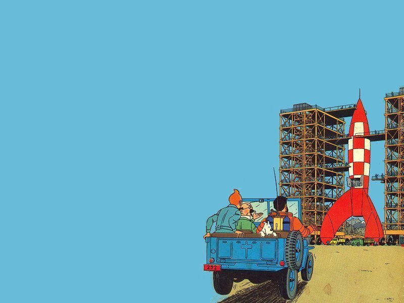 Tintin at a rocket launch site