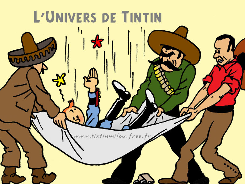 Tintin carried on a stretcher