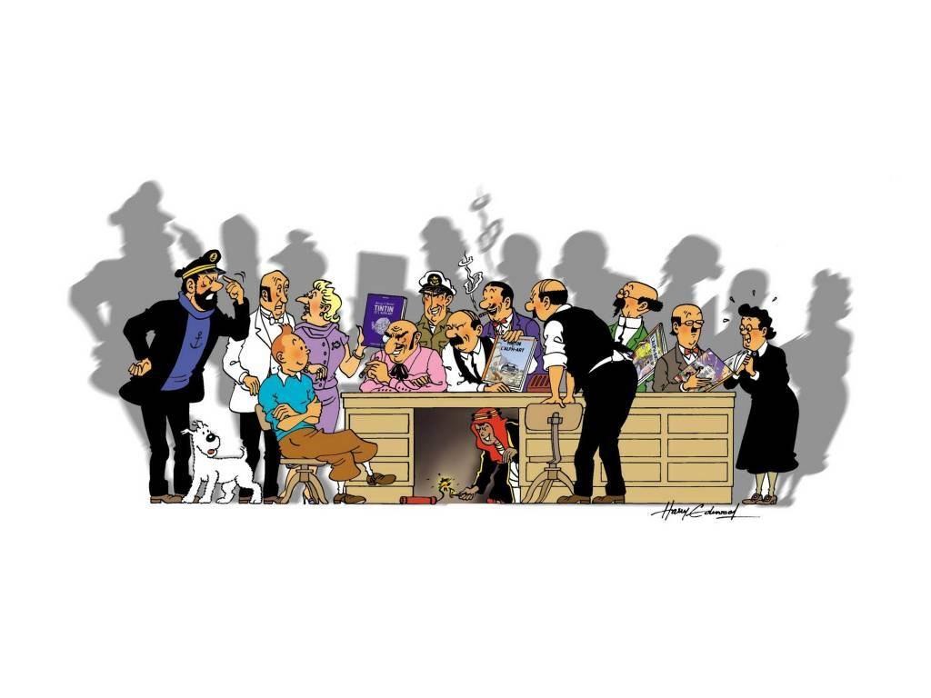 Tintin characters at a desk