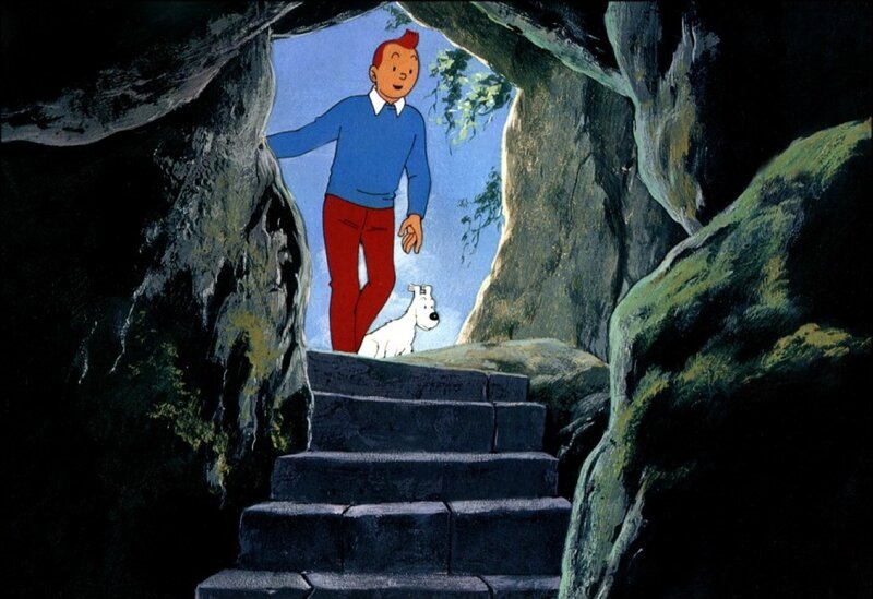 Tintin exits a cave