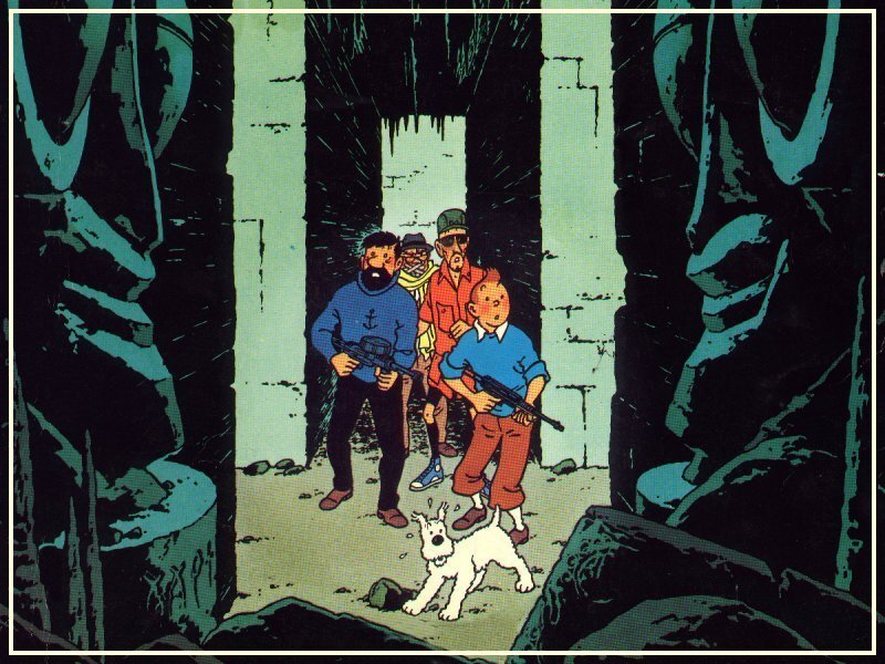 Tintin in a cave with companions
