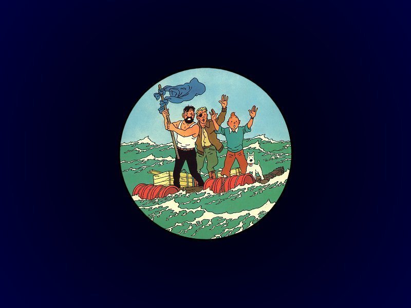 Tintin on a raft at sea