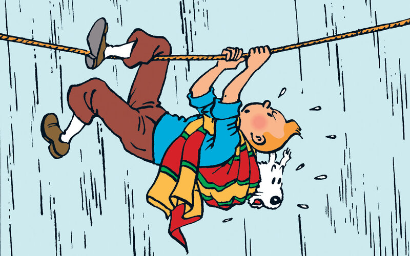 Tintin on a rope in the rain