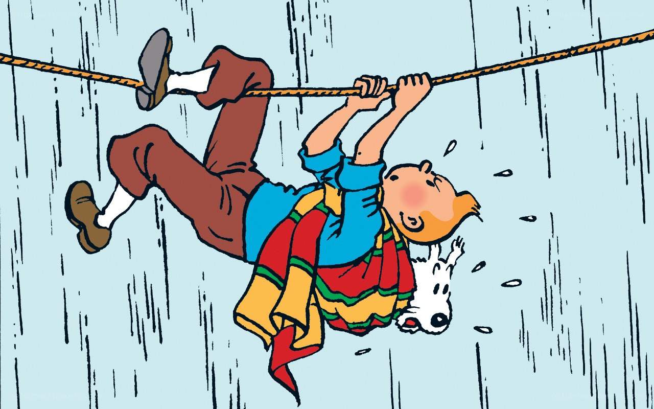 Tintin on a rope in the rain