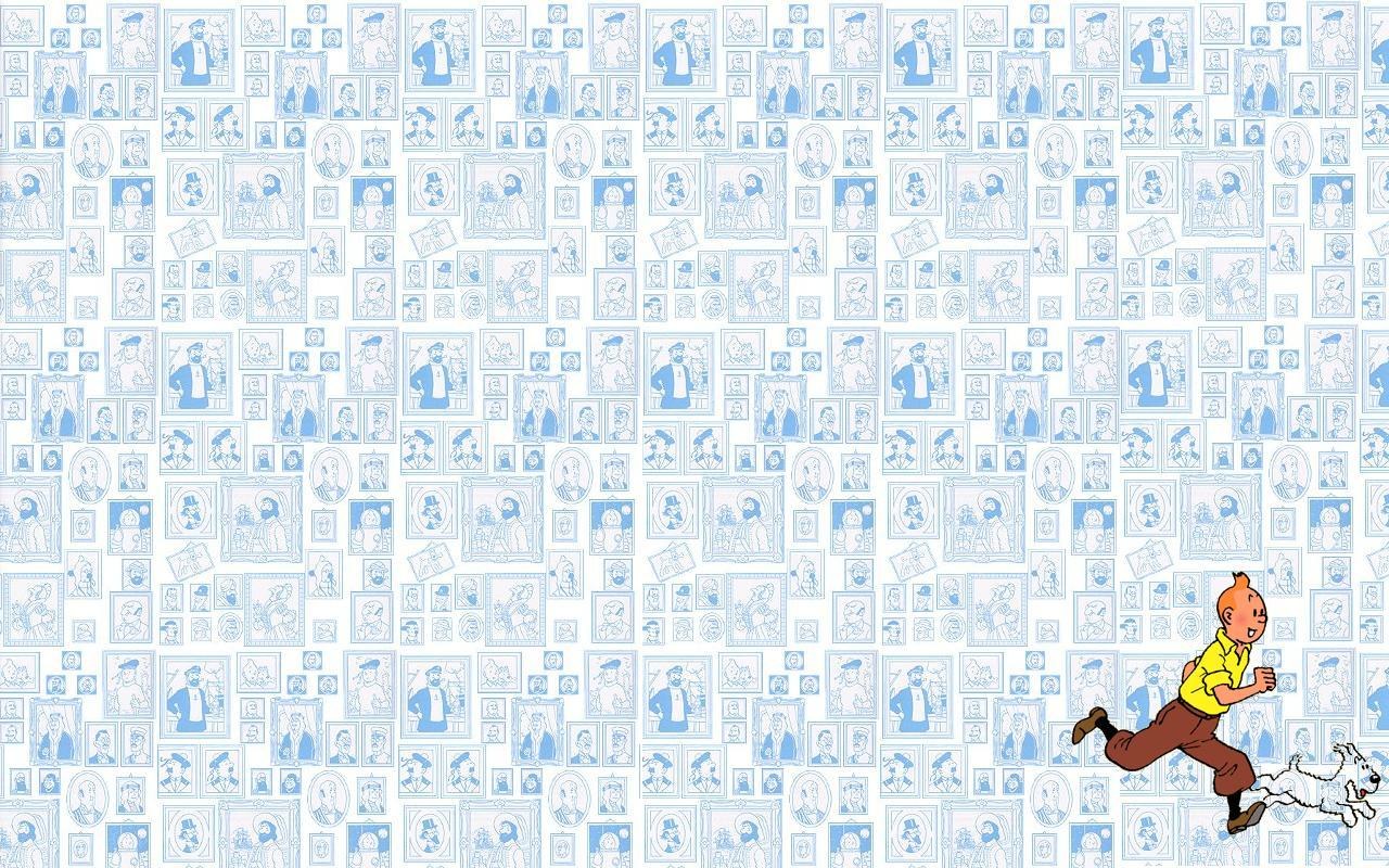 Tintin running through portraits