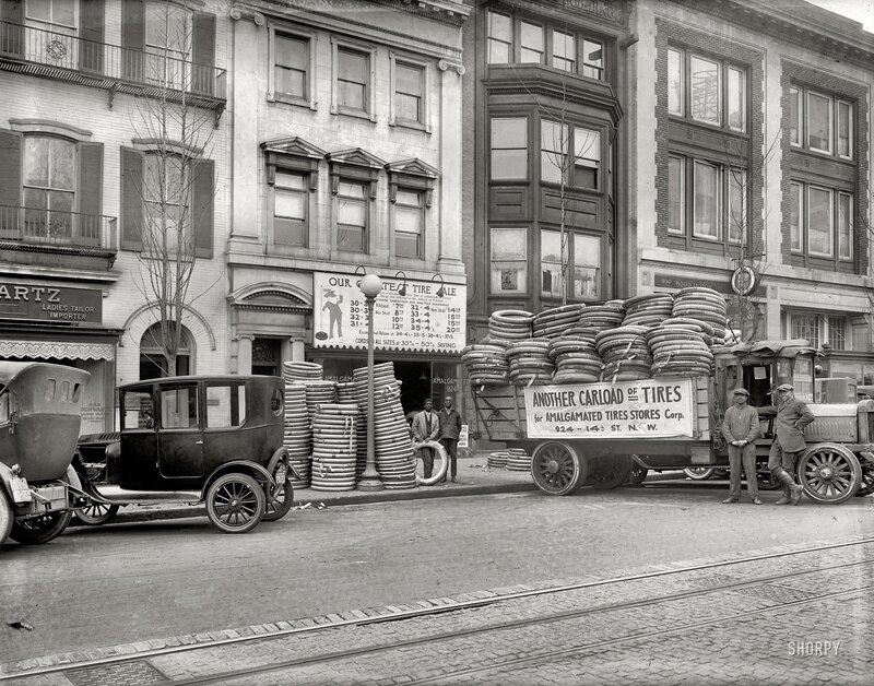 Tire delivery in early 20th-century city