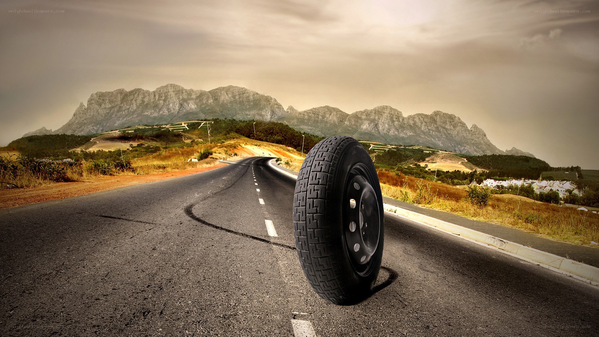 tire on winding road