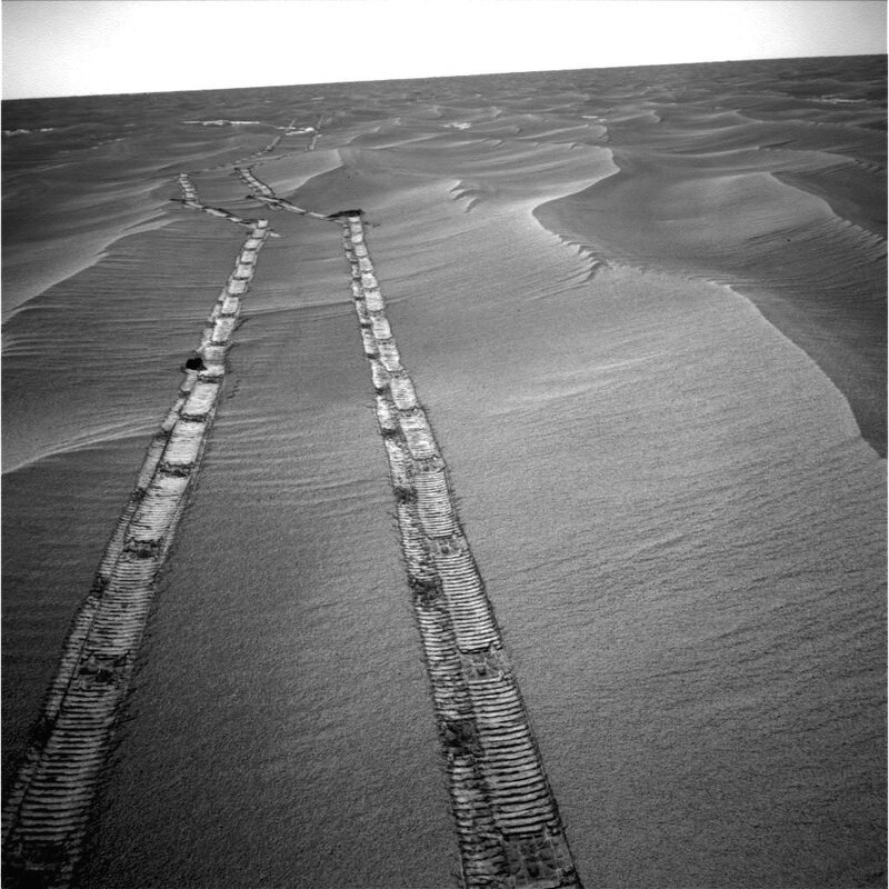 Tire tracks in desert dunes