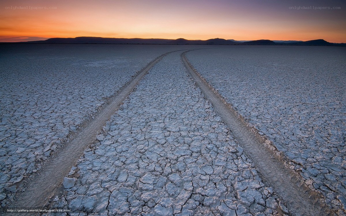 Tire tracks on a salt flat at sunset
