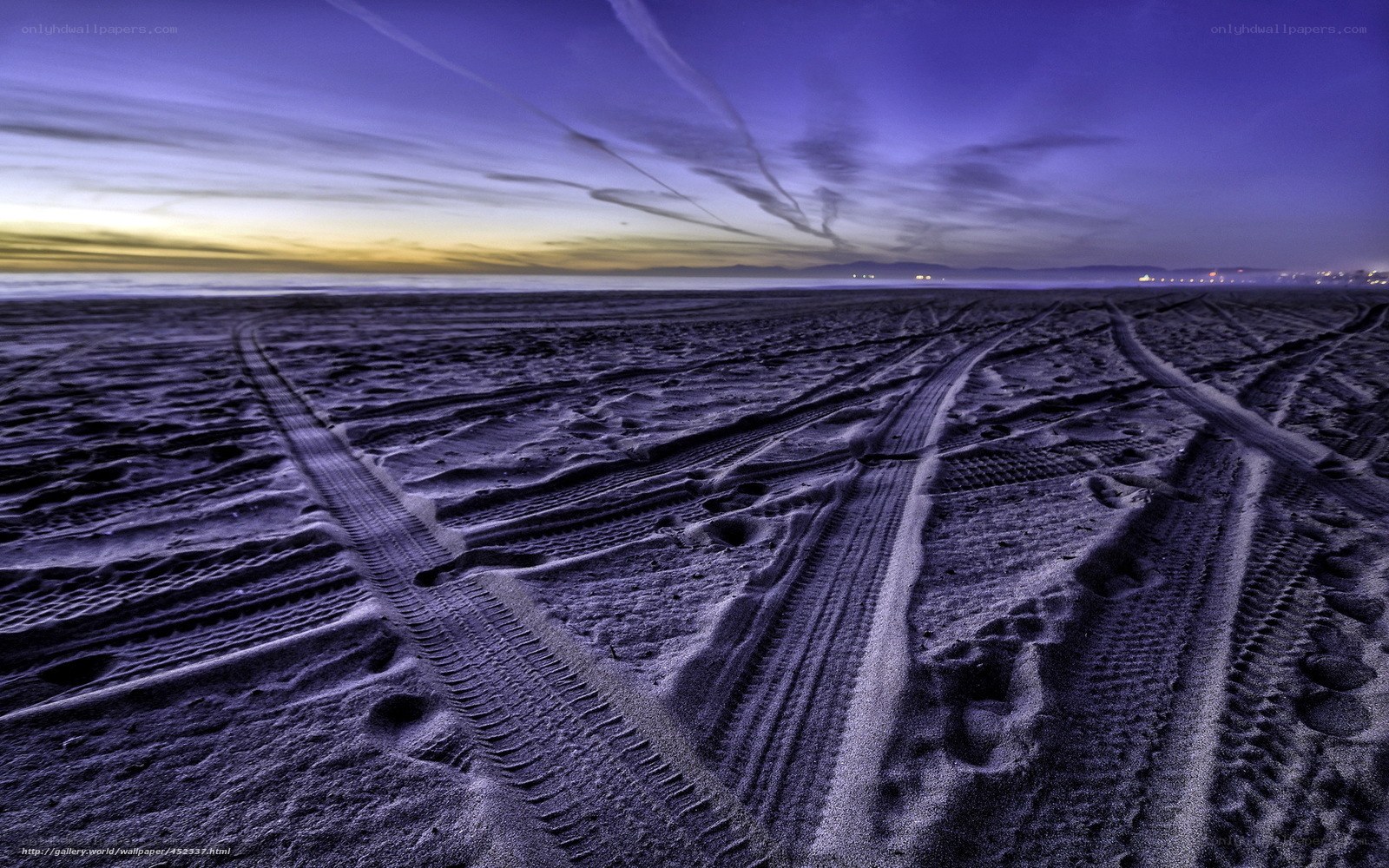 Tire tracks on beach at dusk