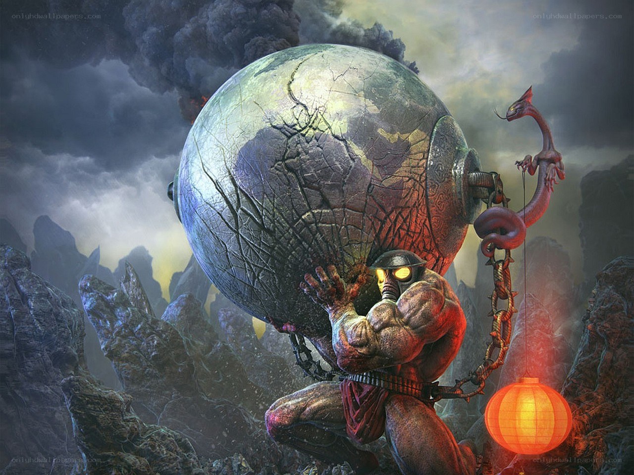 Titan holding a cracked globe