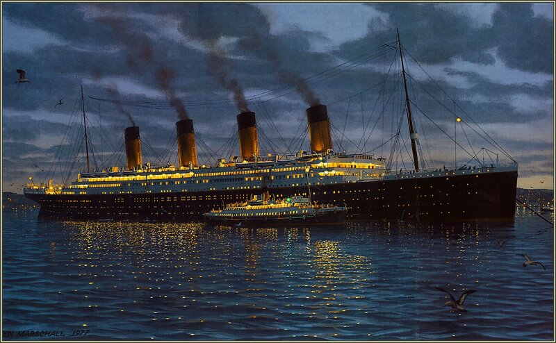 Titanic at night in port
