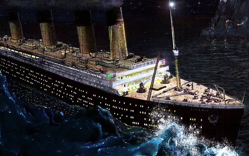Titanic at night near iceberg