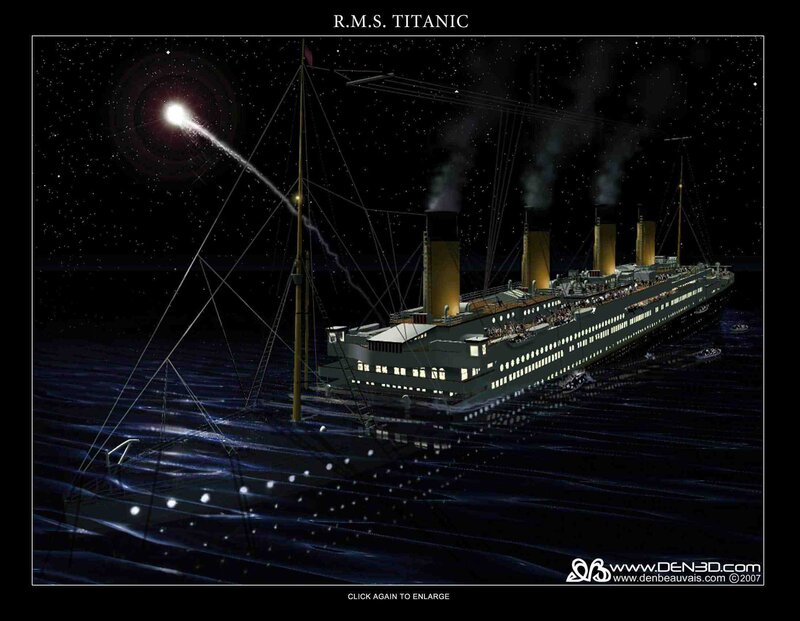 Titanic at night with distress flare
