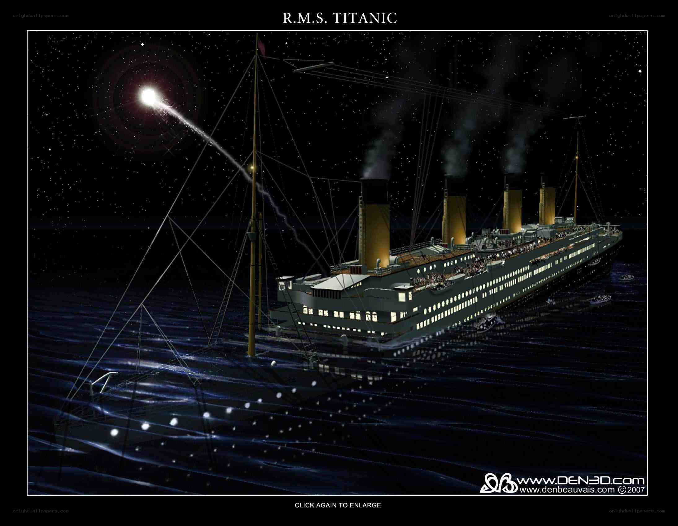 Titanic at night with distress flare