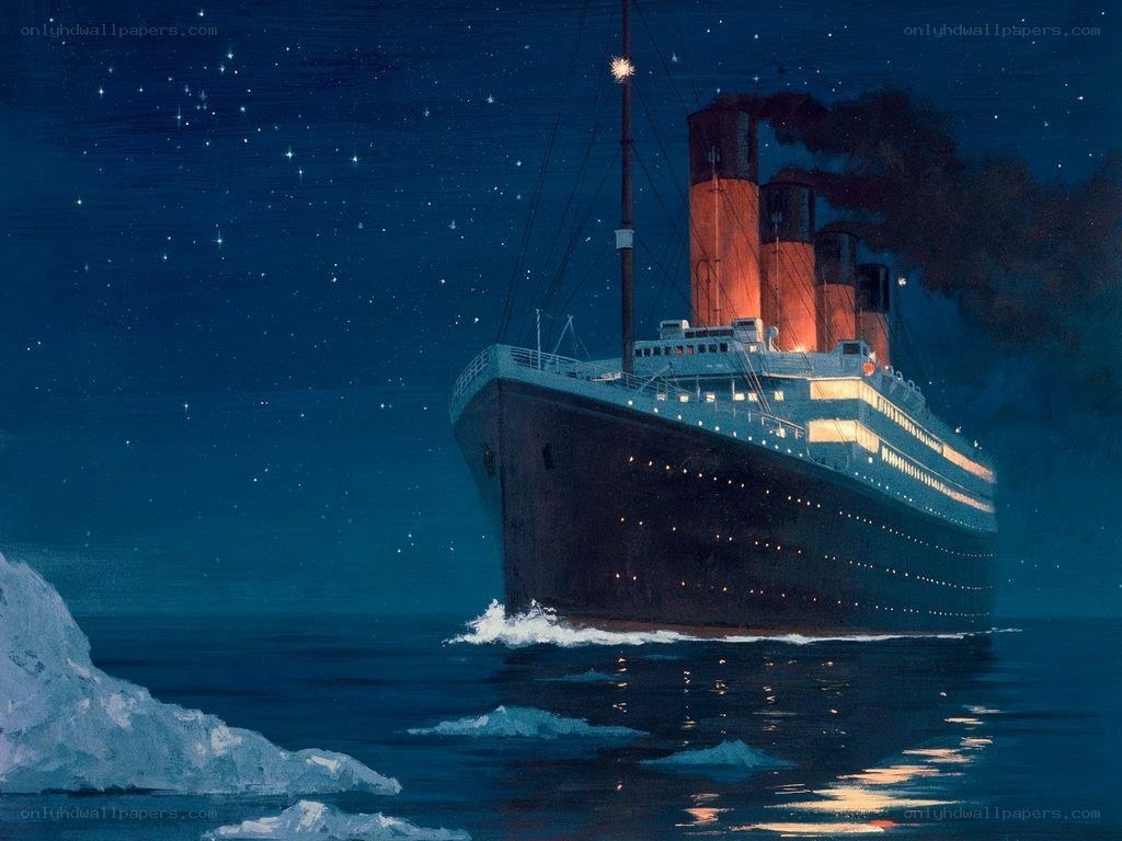 Titanic at night with iceberg