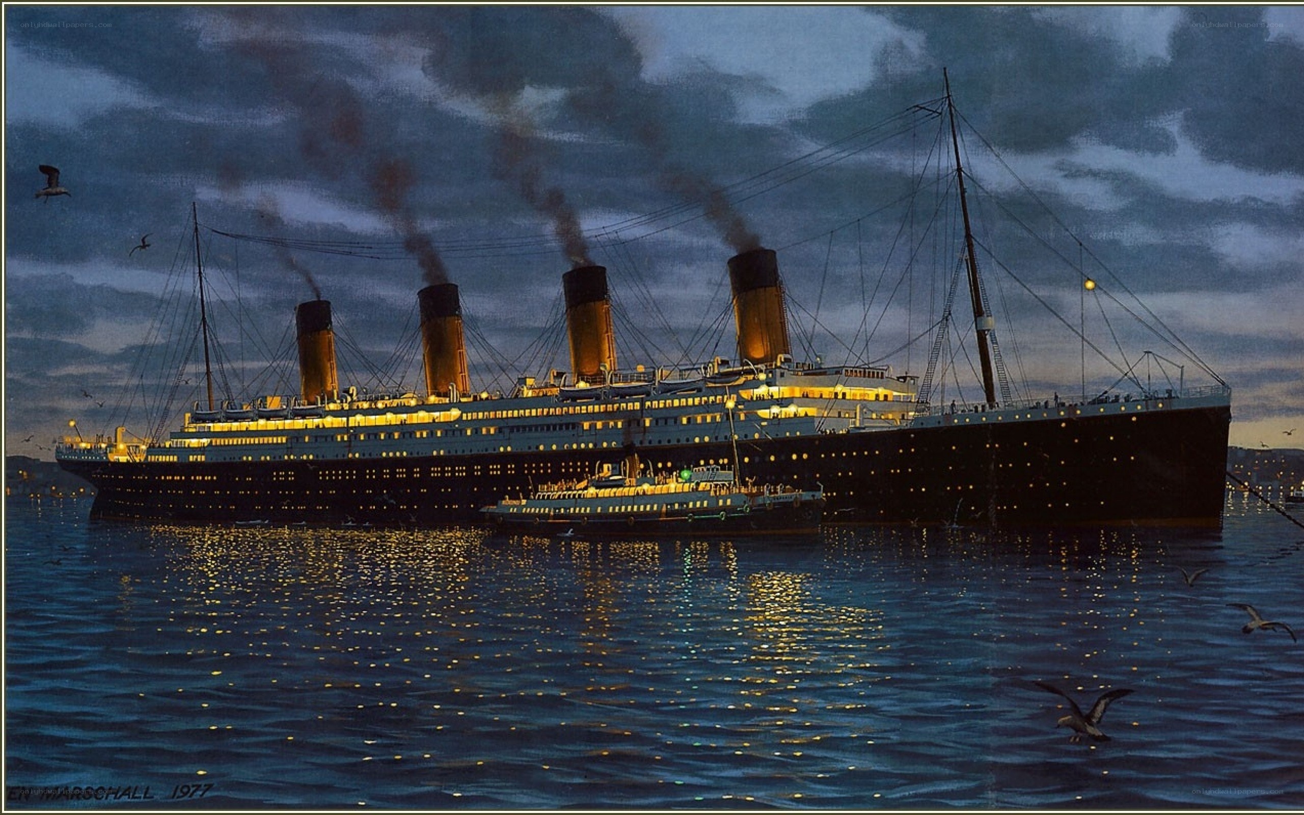 Titanic at night with tender