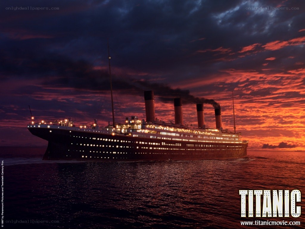 Titanic at sunset on the ocean