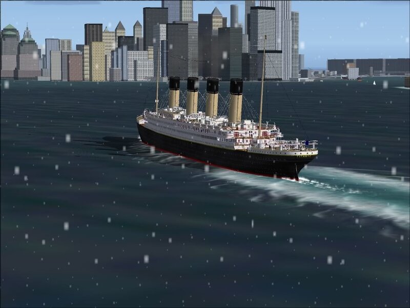 Titanic sailing near city