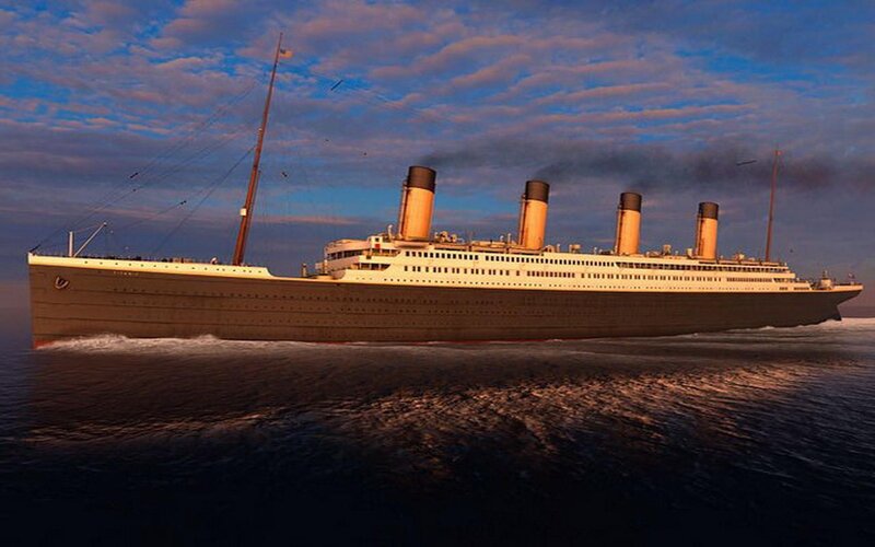 Titanic Ship at Sea — Blue, Dramatic, Sunset, Digital Art