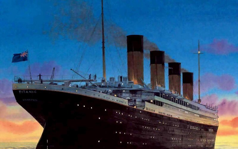 Titanic Ship at Sea — Blue, Dramatic, Sunset, Illustration, Flag, Smokestacks, Ocean